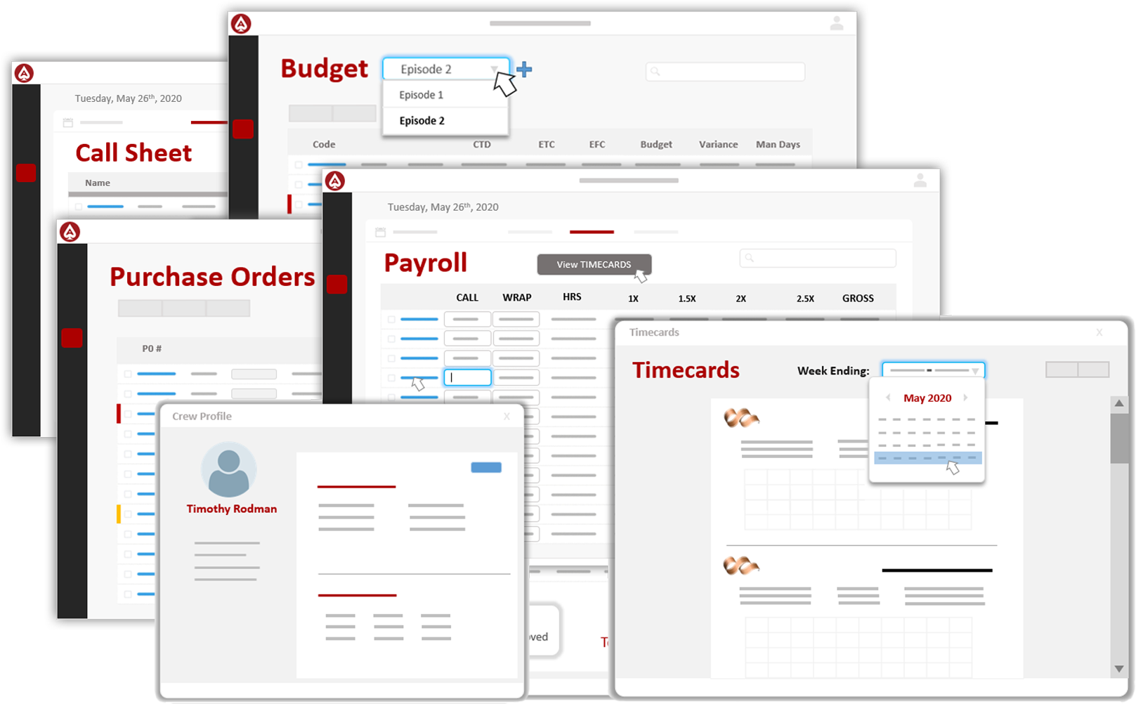 Call Sheet, Budget, Purchase Orders, Payroll, Timecards